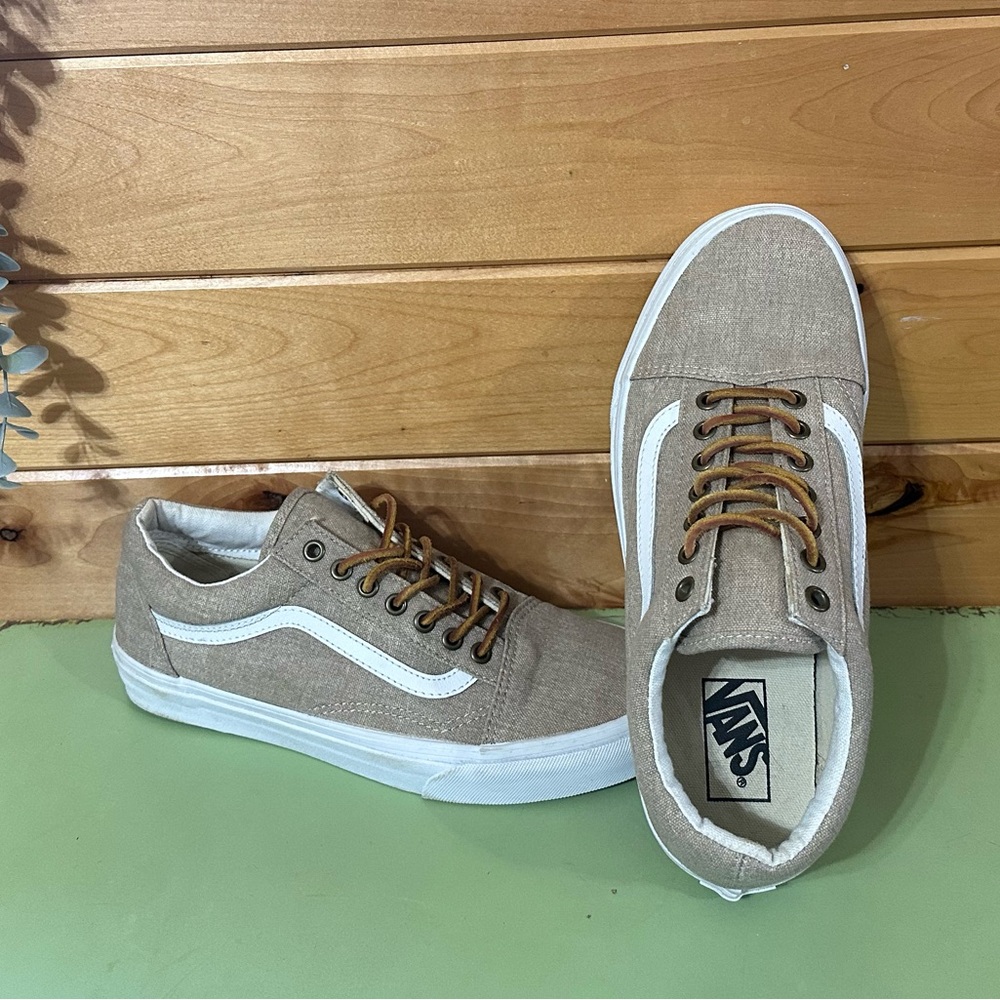 Old School Vans Women's Sz 10 Men’s Sz 8.5 Beige Canvas Leather Laced Sneakers